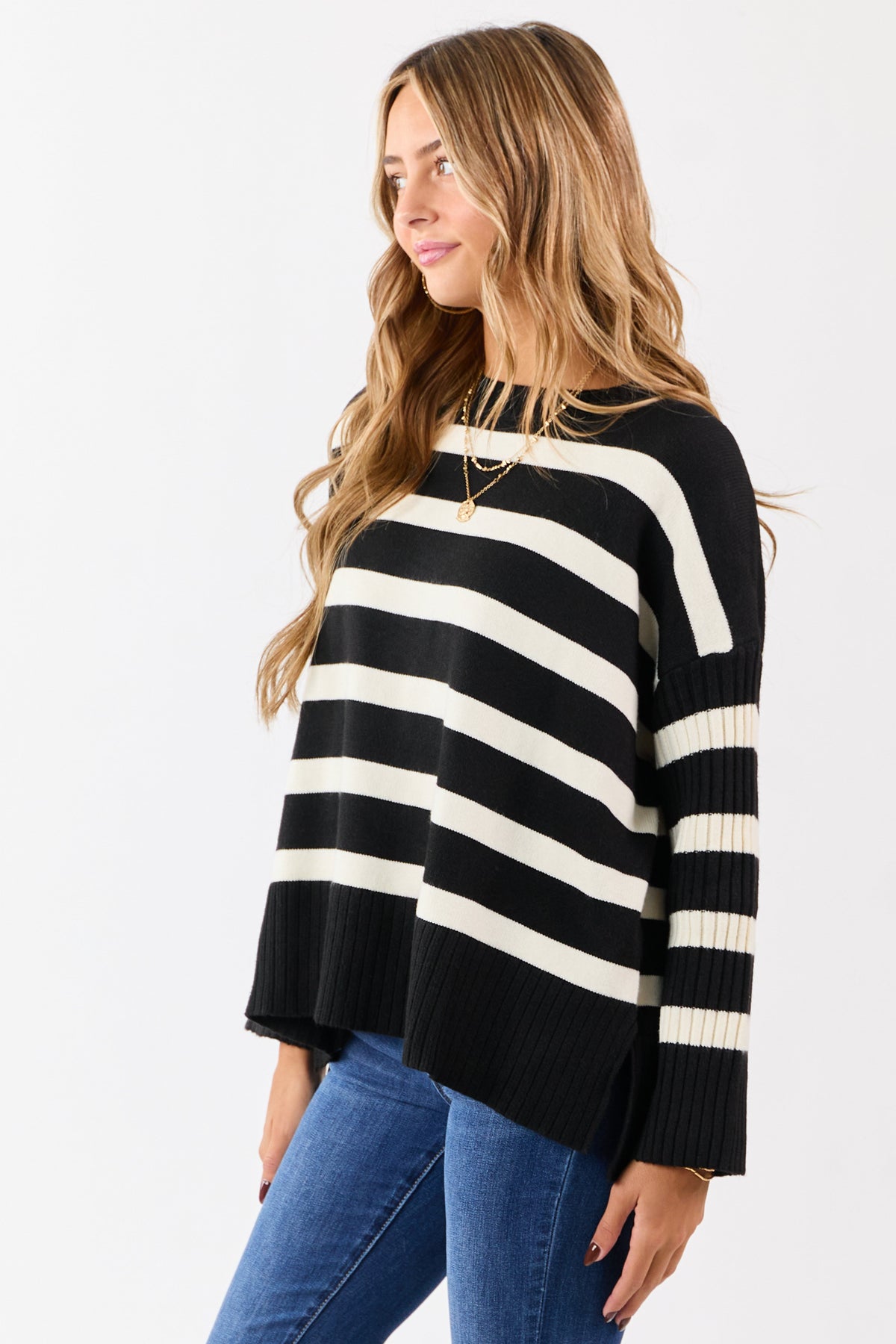 Black and Ivory Striped Ribbed Sleeve Sweater