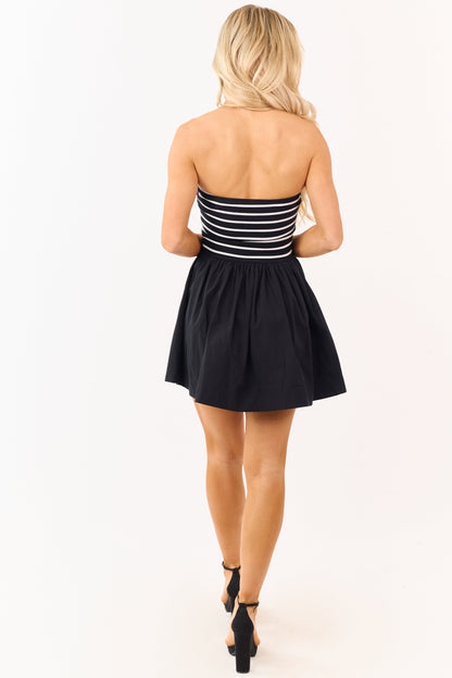 Black and Ivory Striped Strapless Cotton Mini Dress
