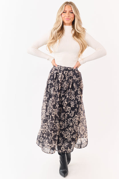 Black and Latte Floral Print Pleated Midi Skirt