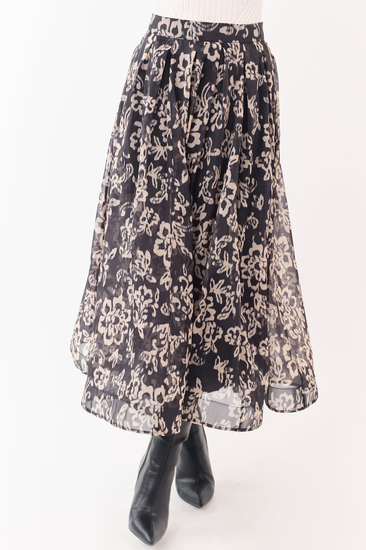 Black and Latte Floral Print Pleated Midi Skirt