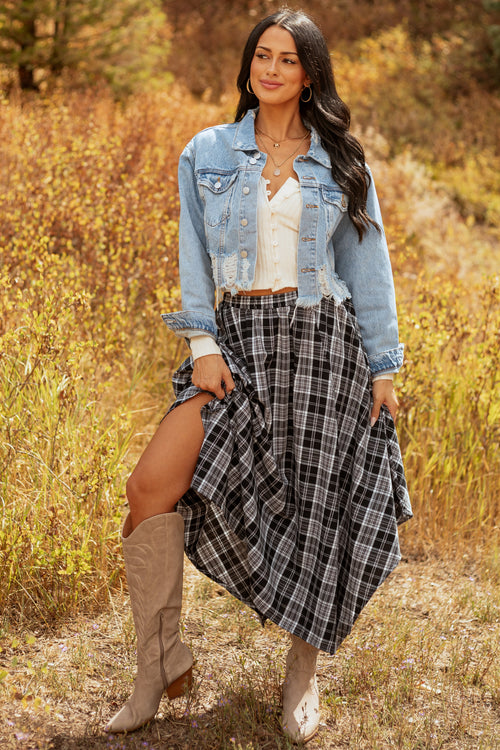 Black and Off White Plaid Cotton Midi Skirt