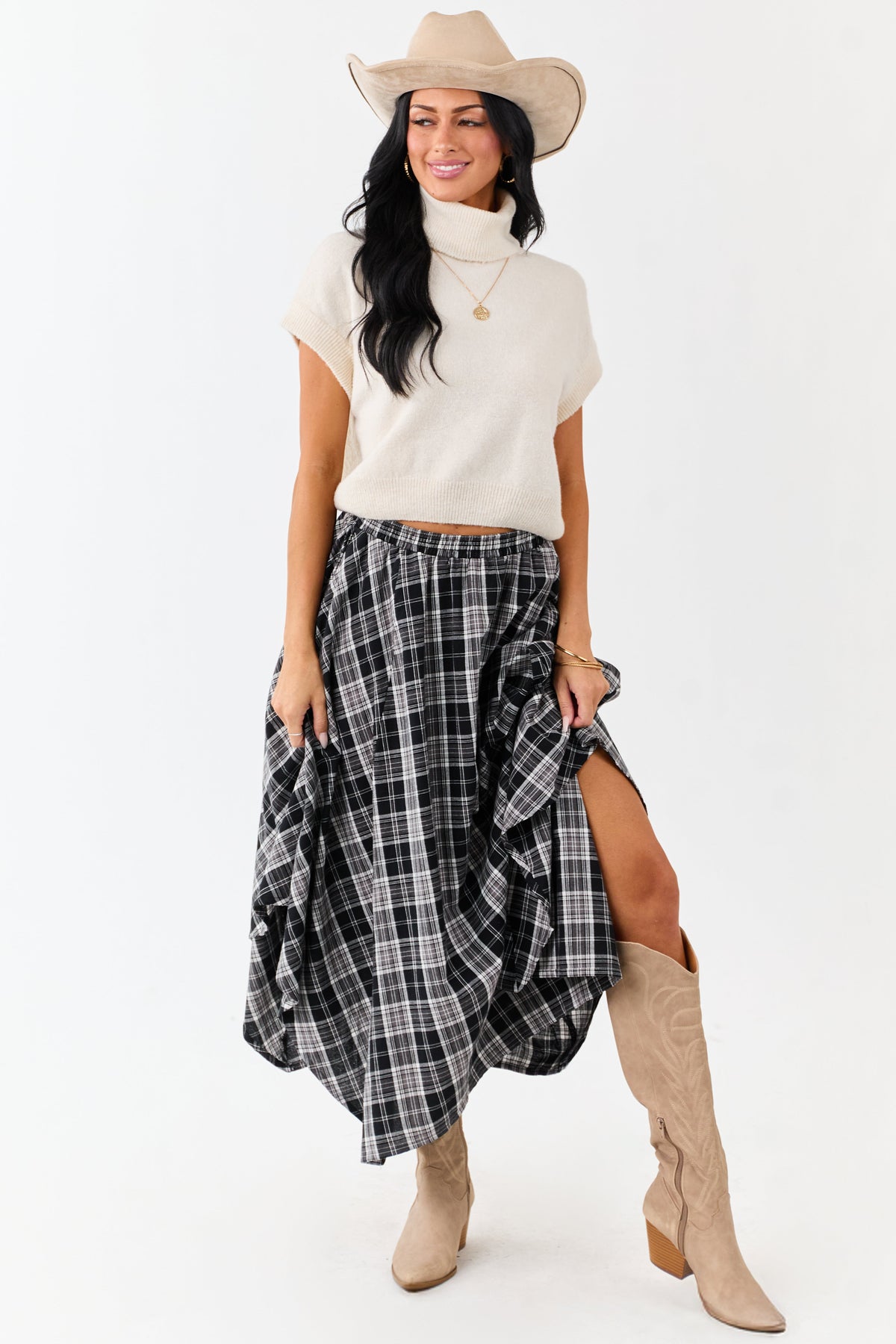 Black and Off White Plaid Cotton Midi Skirt