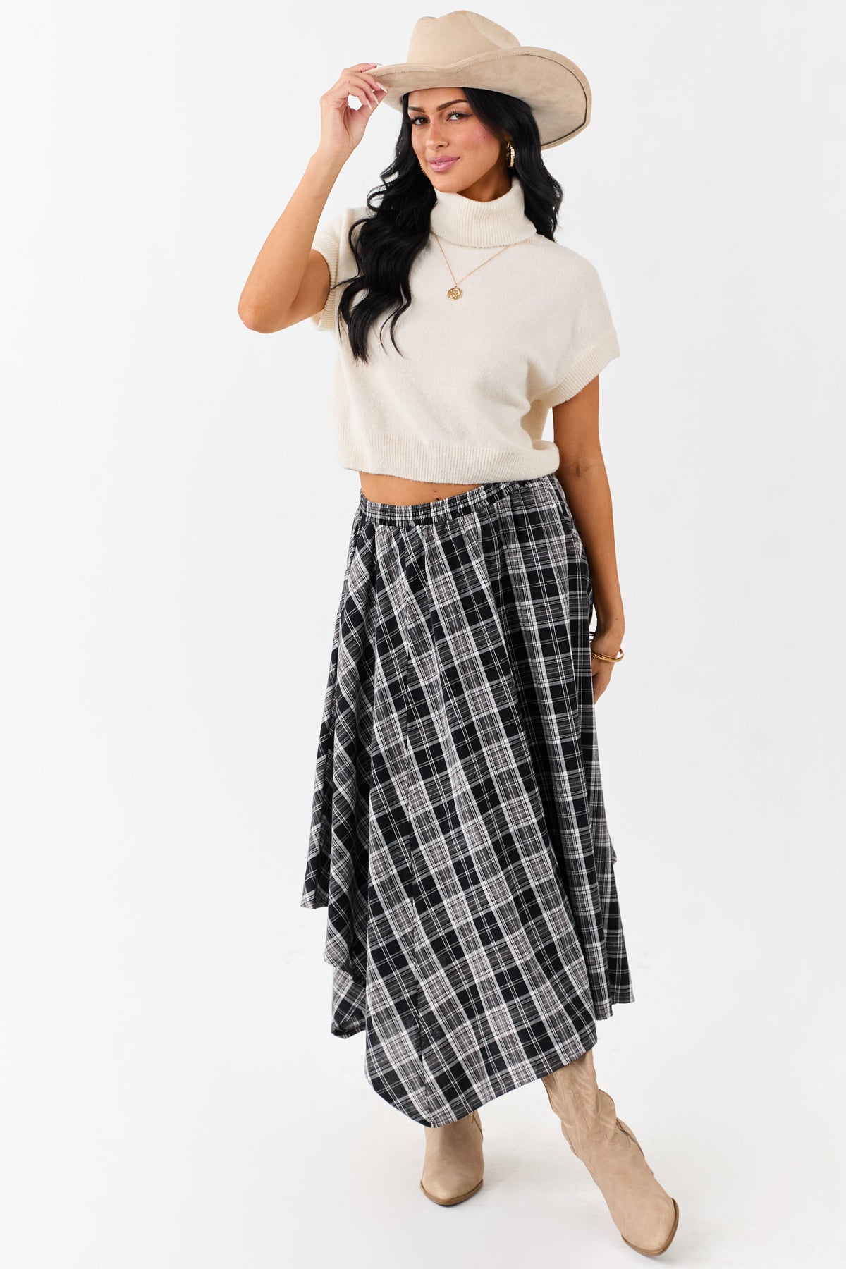 Black and Off White Plaid Cotton Midi Skirt