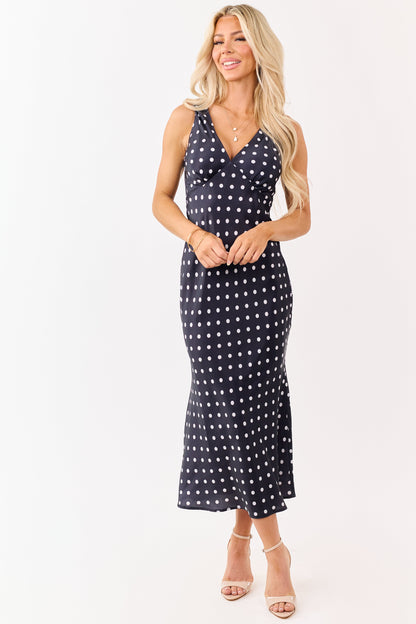 Black and Off White Polka Dot Satin Midi Dress