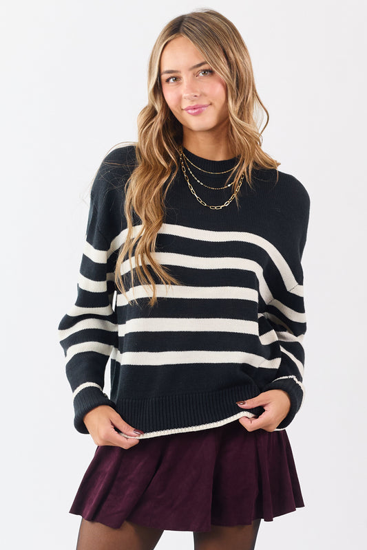 Black and White Striped Ribbed Trim Knit Sweater