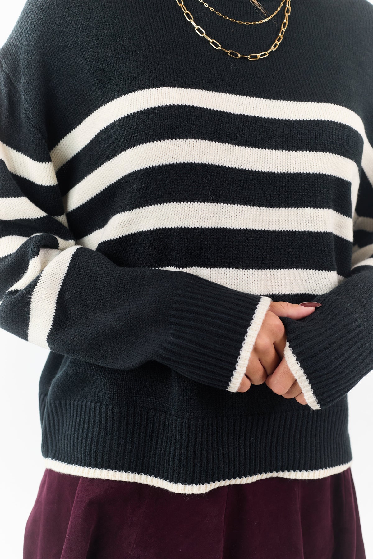 Black and White Striped Ribbed Trim Knit Sweater