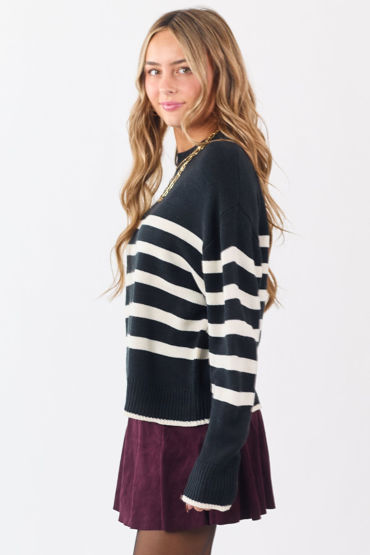 Black and White Striped Ribbed Trim Knit Sweater