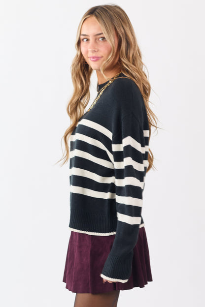 Black and White Striped Ribbed Trim Knit Sweater