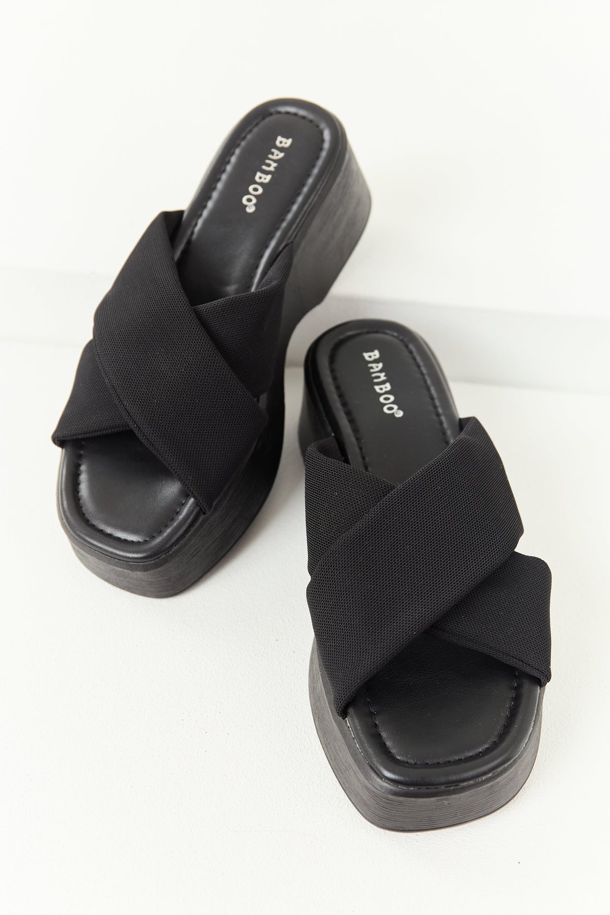 Black Cross Strap Slip On Open Toe Platforms