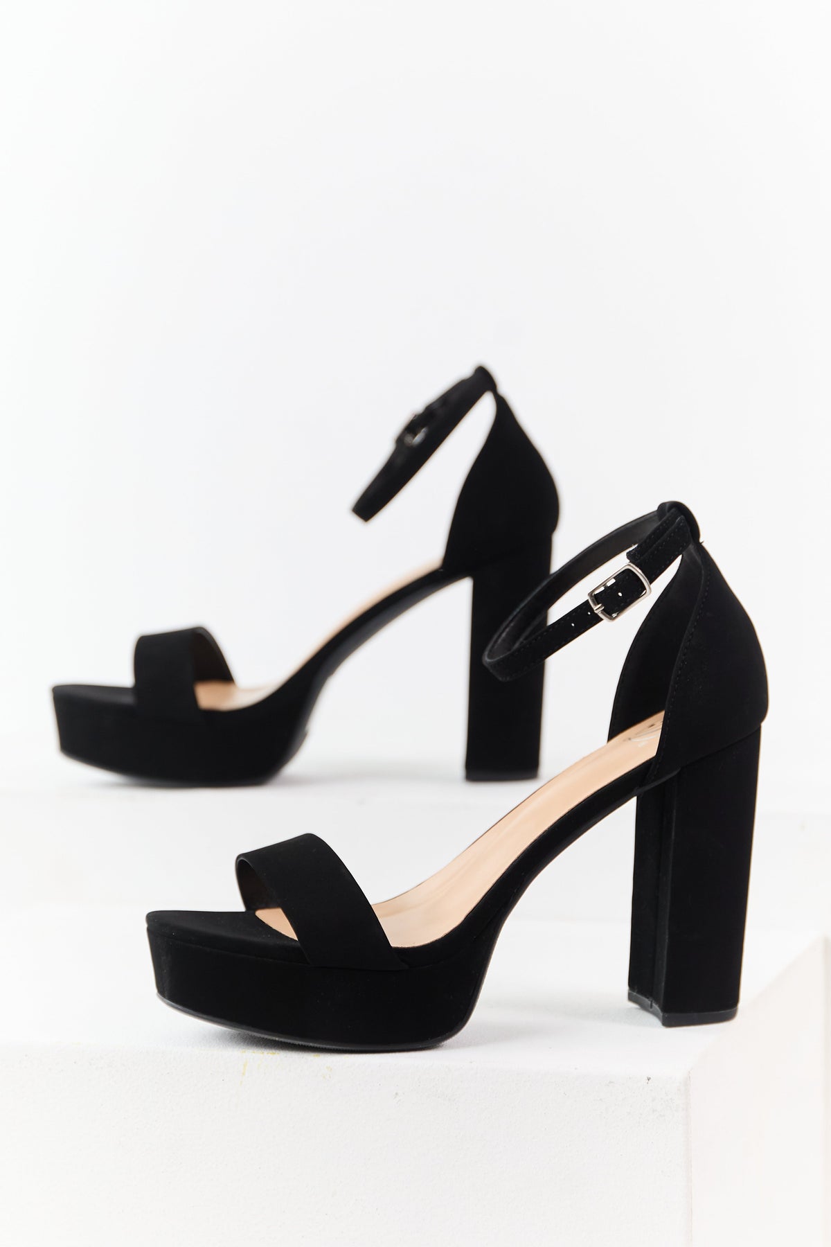Black Faux Leather Ankle Strap Platform Heels