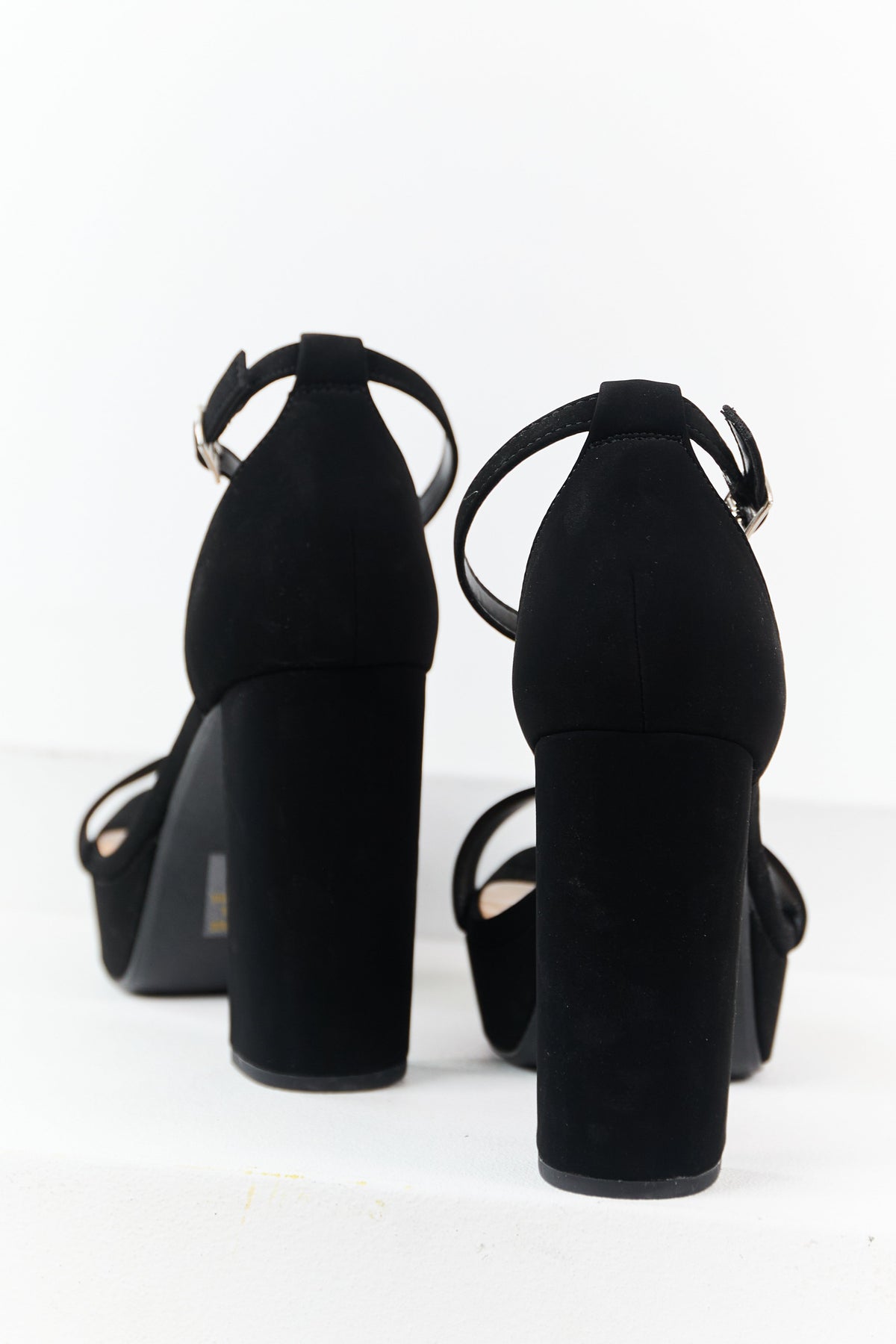 Black Faux Leather Ankle Strap Platform Heels