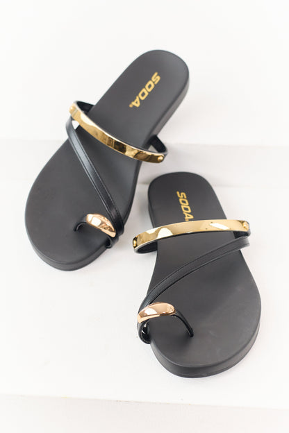 Black Faux Leather Gold Toe Strap Sandals