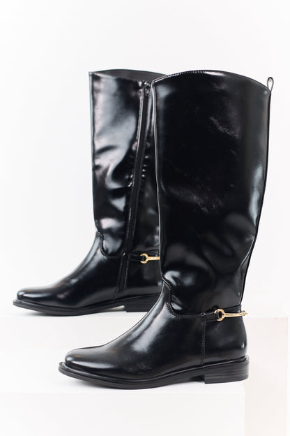 Black Faux Leather Horsebit Detail Tall Riding Boots