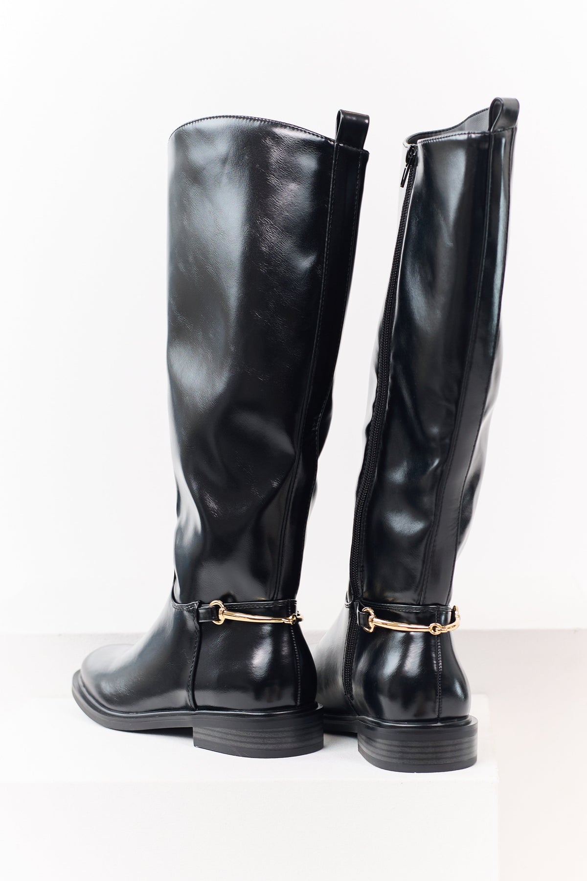 Black Faux Leather Horsebit Detail Tall Riding Boots