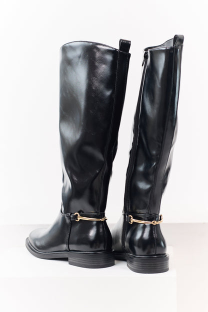 Black Faux Leather Horsebit Detail Tall Riding Boots