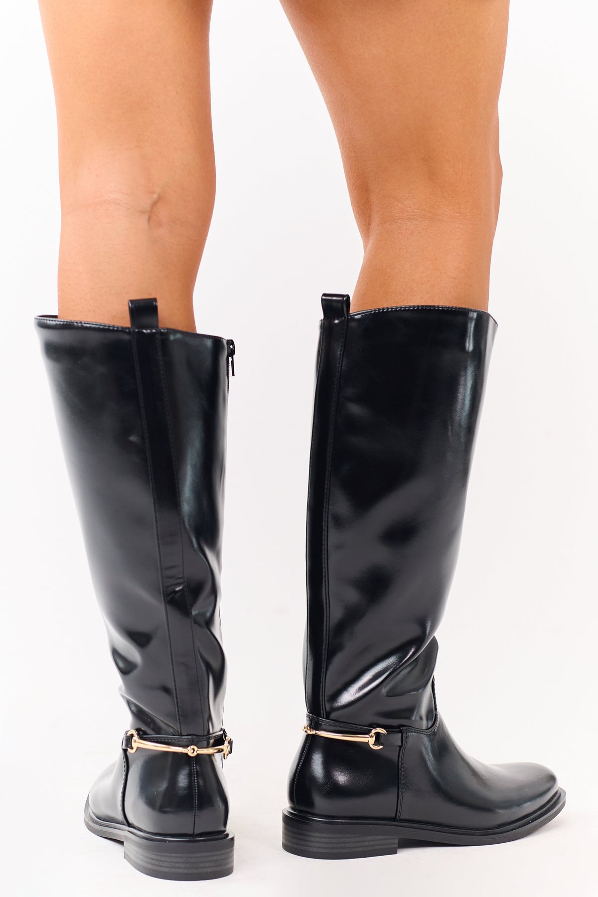 Black Faux Leather Horsebit Detail Tall Riding Boots