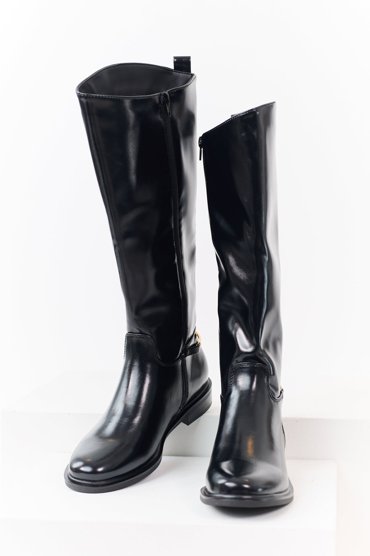 Black Faux Leather Horsebit Detail Tall Riding Boots