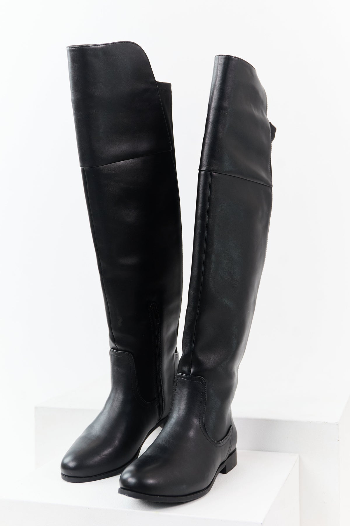 Black Faux Leather Over the Knee Round Toe Boots