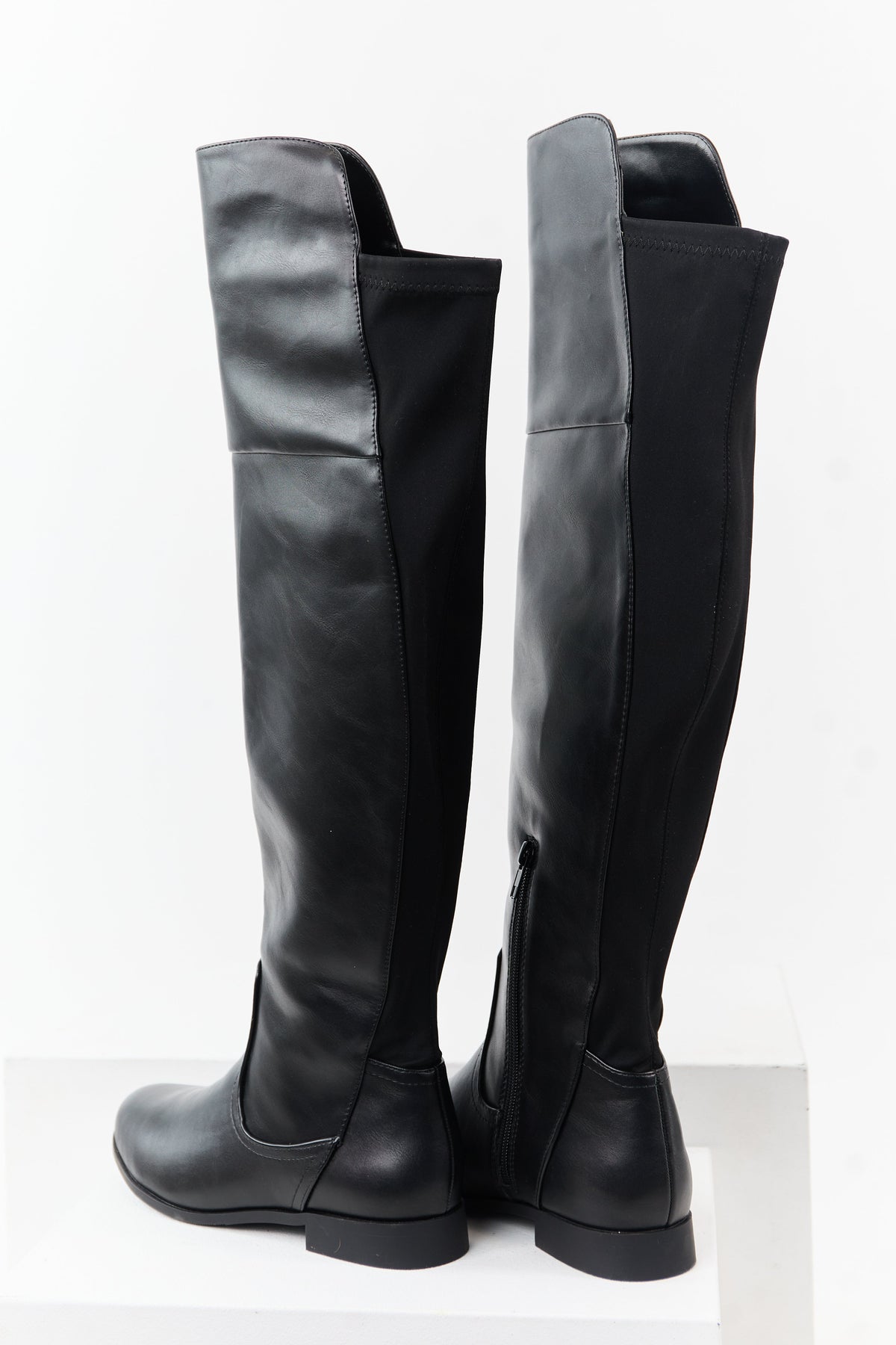 Black Faux Leather Over the Knee Round Toe Boots