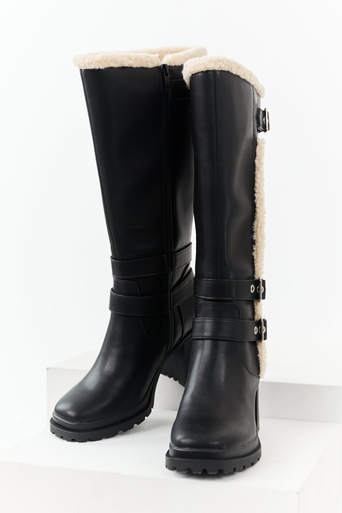 Black Faux Leather Sherpa Lined Tall Platform Boots