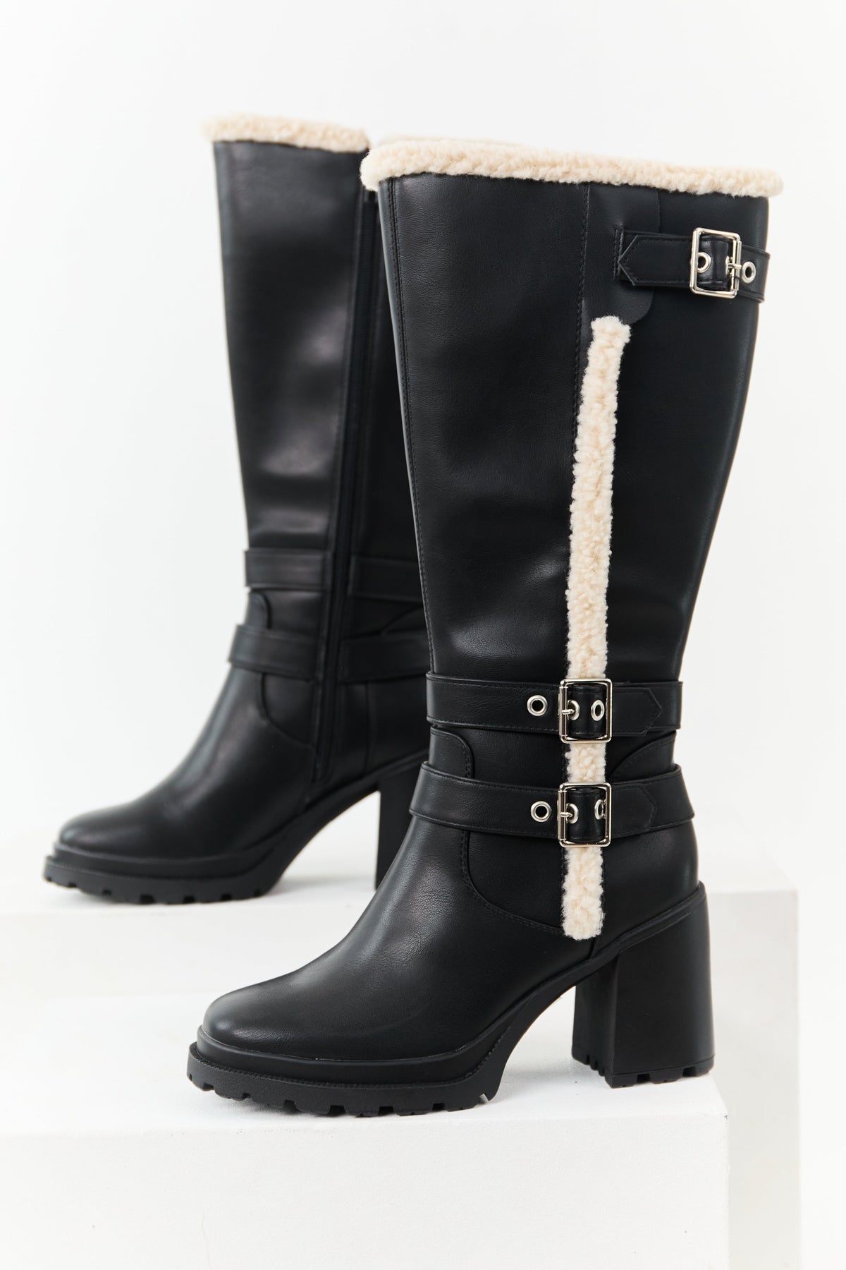 Black Faux Leather Sherpa Lined Tall Platform Boots