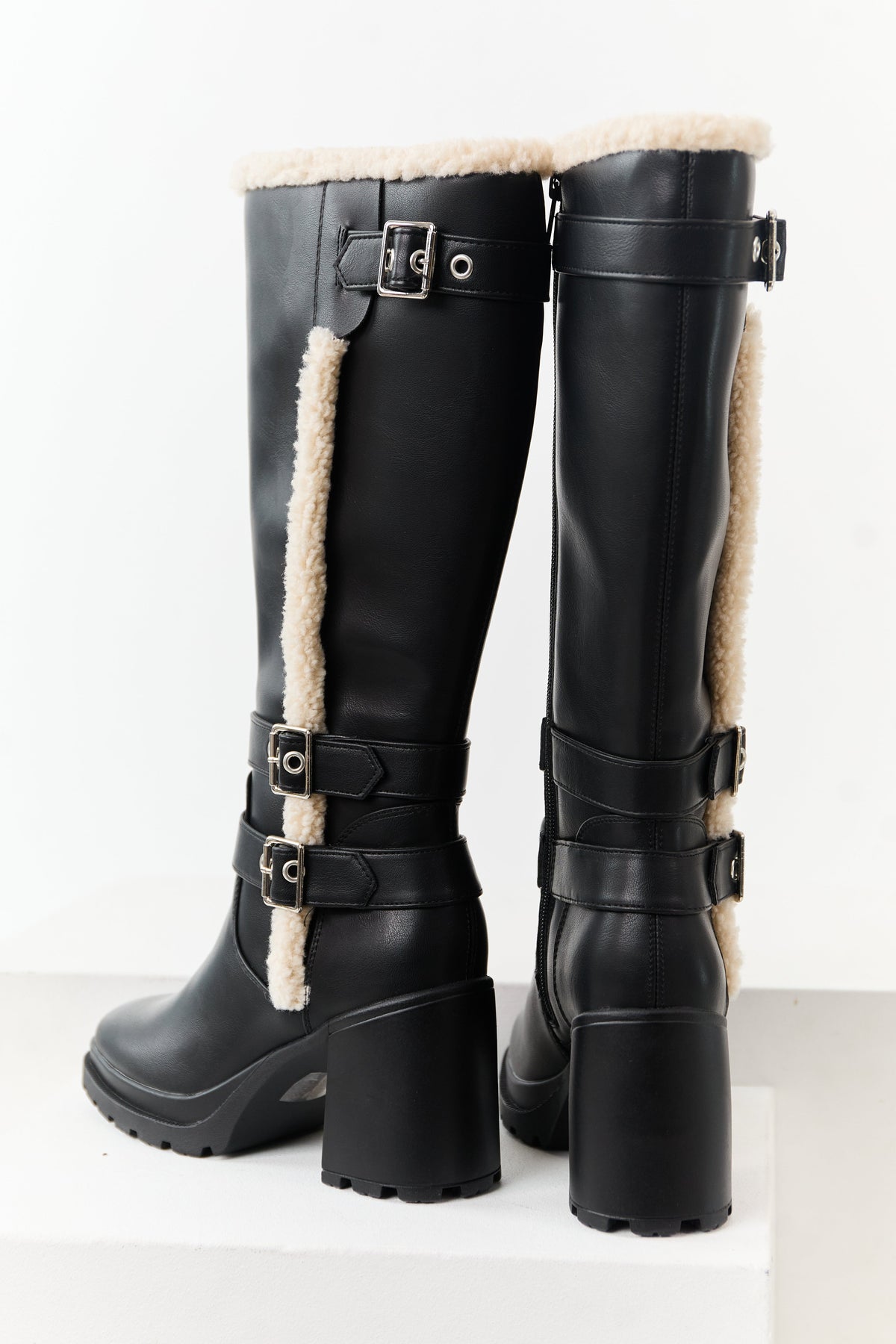 Black Faux Leather Sherpa Lined Tall Platform Boots