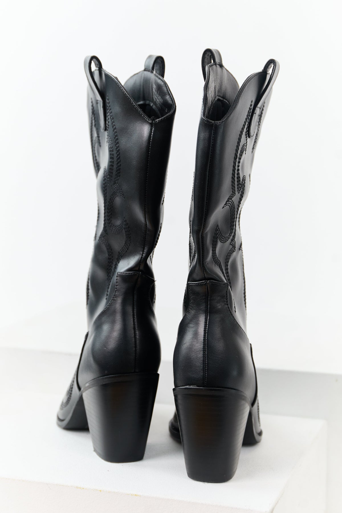 Black Faux Leather Stacked Heel Cowboy Boots