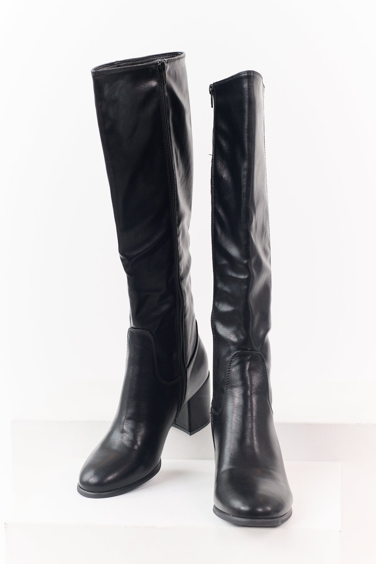 Black Faux Leather Tall Block Heel Boots