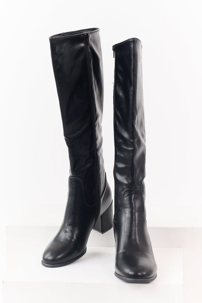 Black Faux Leather Tall Block Heel Boots