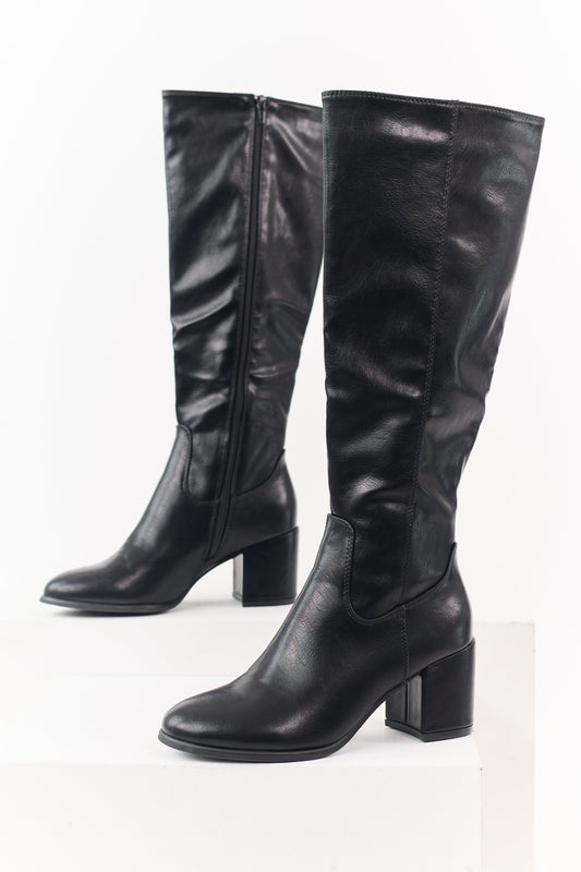 Black Faux Leather Tall Block Heel Boots