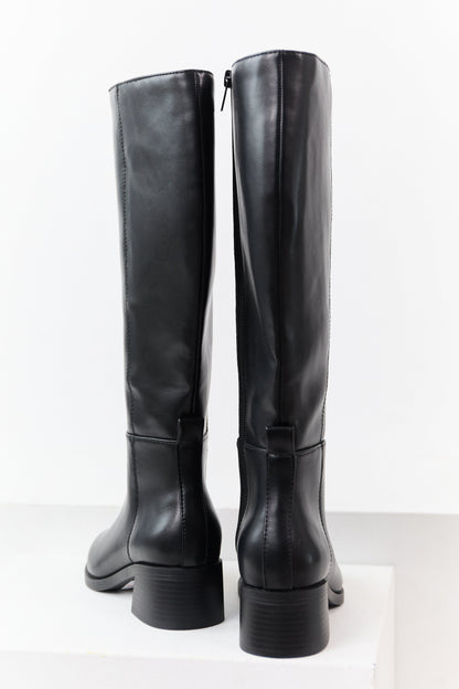 Black Faux Leather Wide Calf Block Heel Tall Boots