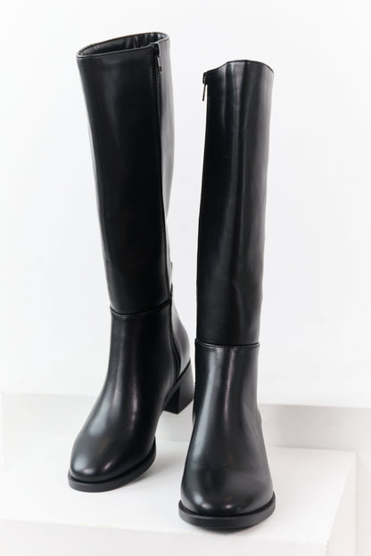 Black Faux Leather Wide Calf Block Heel Tall Boots