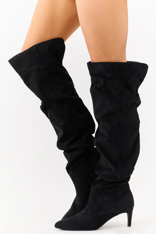 Black Faux Suede Low Stiletto Heel Slouchy Boots