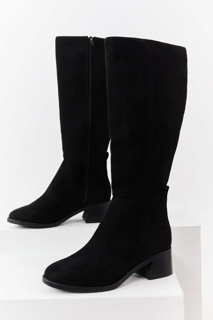 Black Faux Suede Wide Calf Block Heel Tall Boots