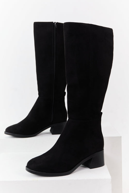 Black Faux Suede Wide Calf Block Heel Tall Boots