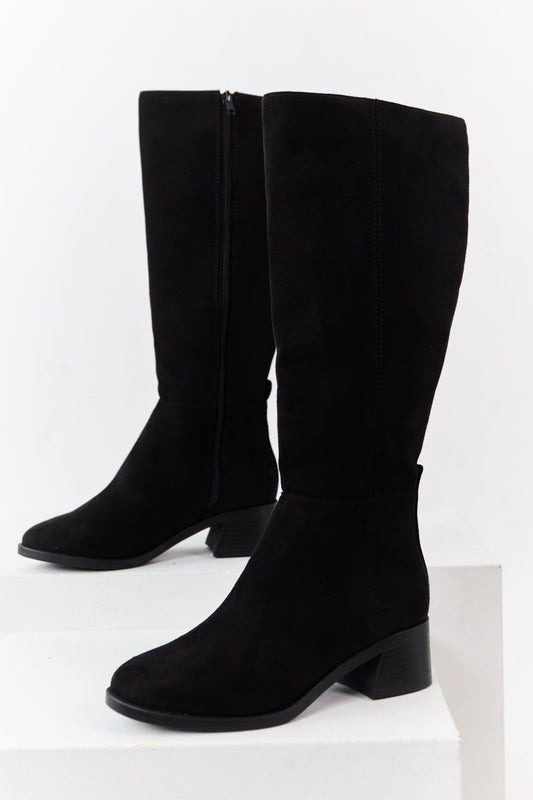 Black Faux Suede Wide Calf Block Heel Tall Boots