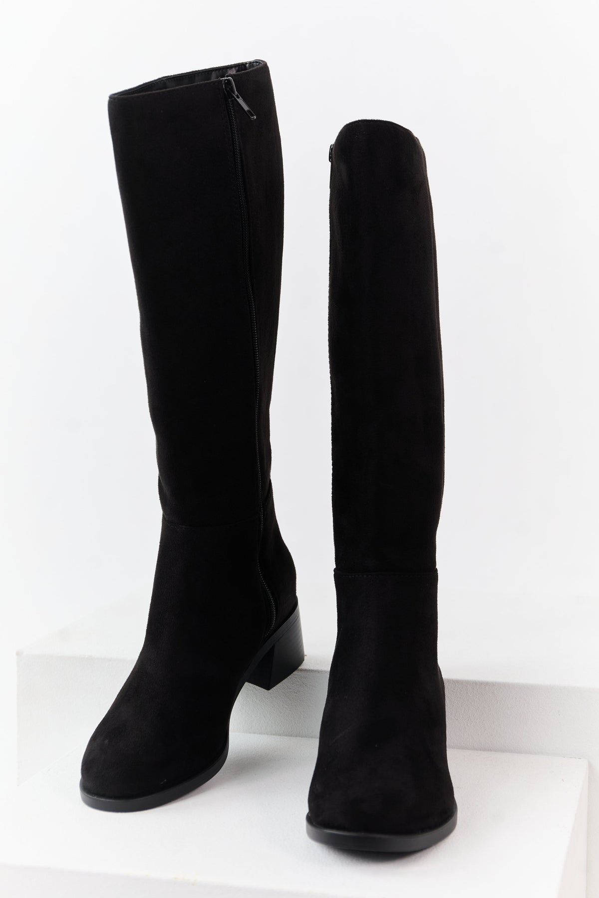 Black Faux Suede Wide Calf Block Heel Tall Boots