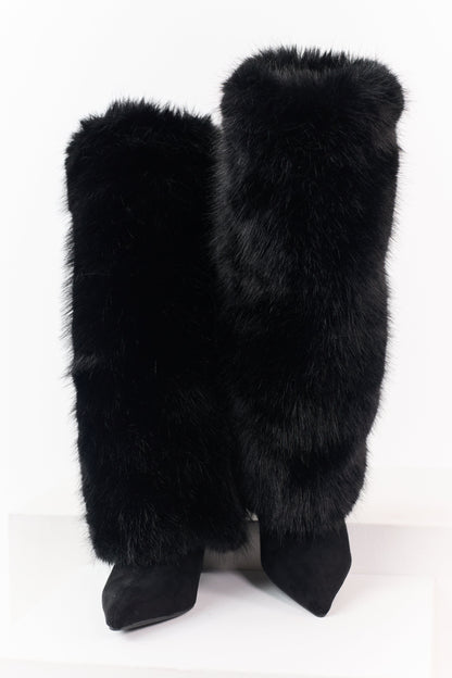 Black Microsuede Faux Fur Overlay Stiletto Boots