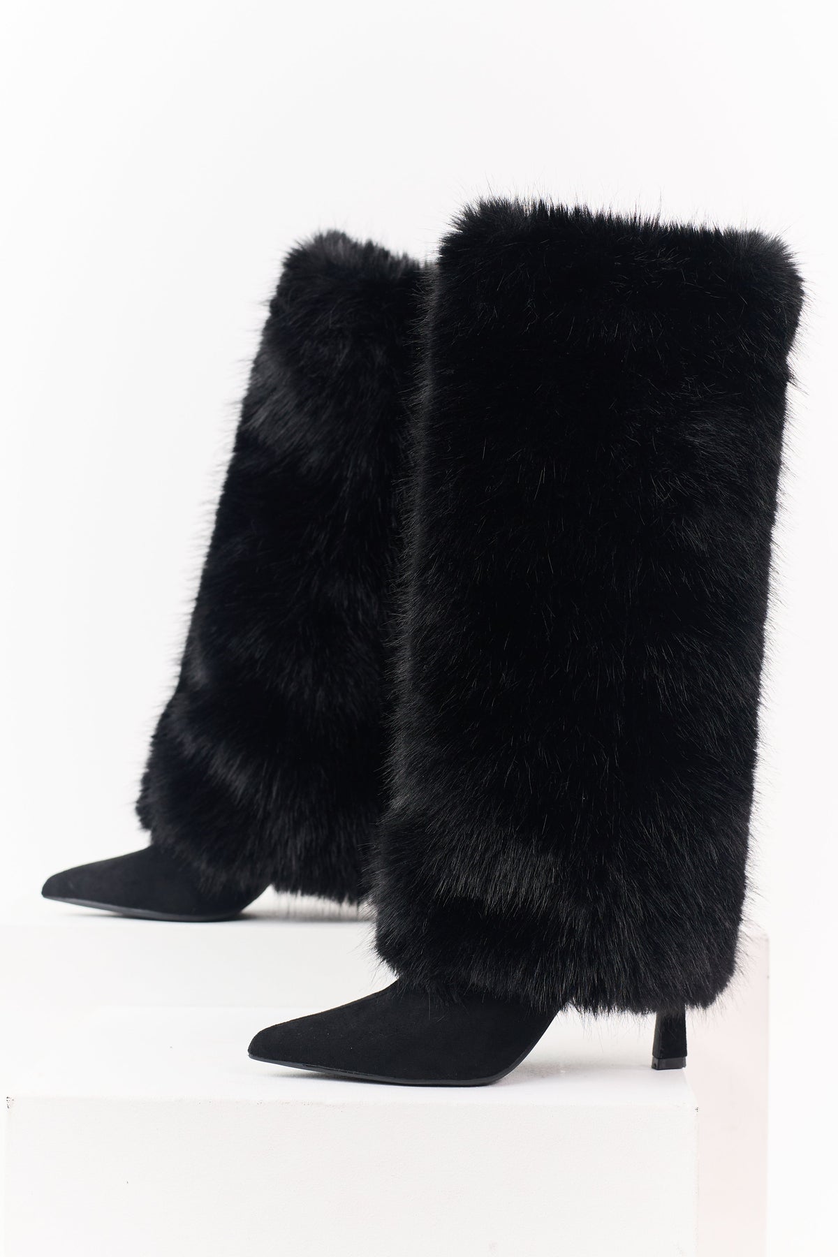 Black Microsuede Faux Fur Overlay Stiletto Boots