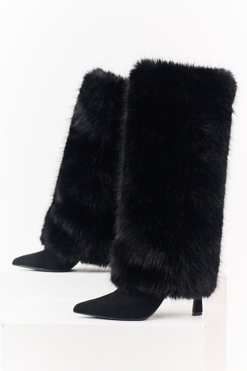 Black Microsuede Faux Fur Overlay Stiletto Boots