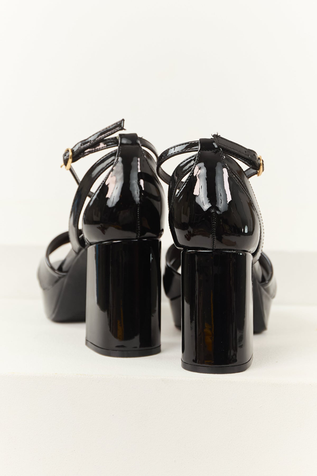 Black Open Toe Strappy Platform Block Heels