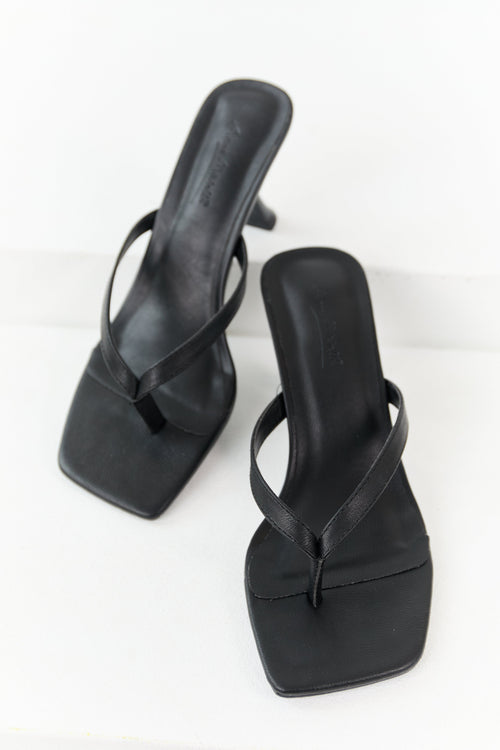 Black Textured Thong Strap Square Toe Heels