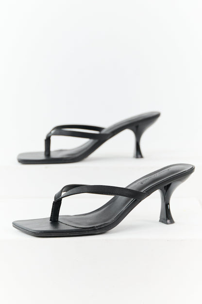 Black Textured Thong Strap Square Toe Heels
