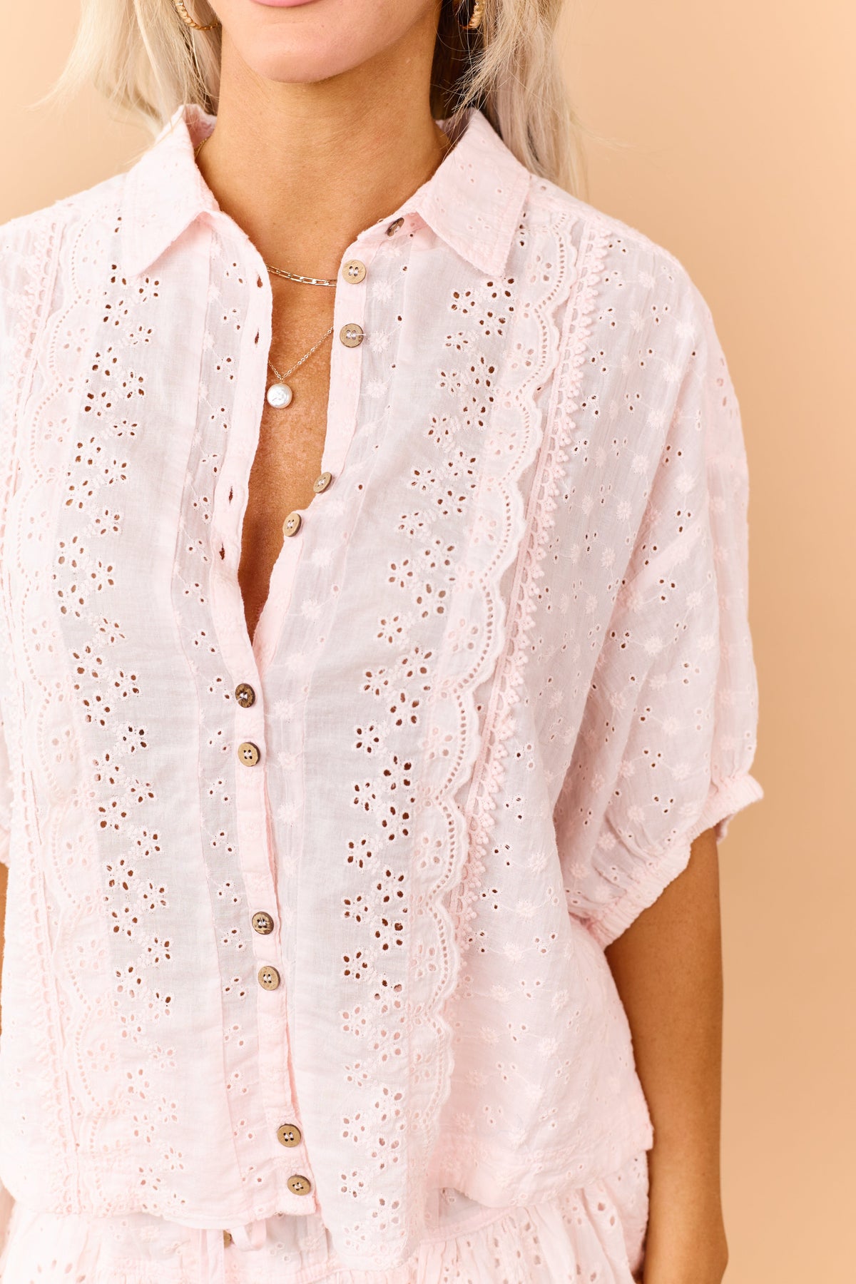 Blush Eyelet Cotton Scalloped Button Down Top