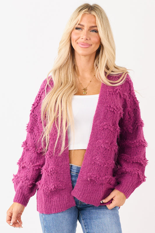Boysenberry Pointelle Wool Blend Open Front Cardigan