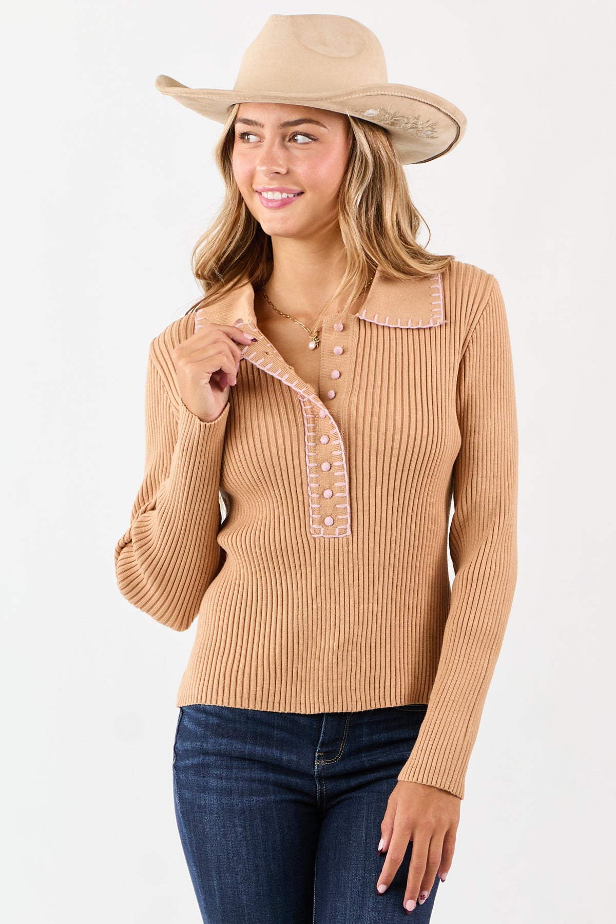 Brown Sugar Contrast Blanket Stitch Buttoned Sweater Top