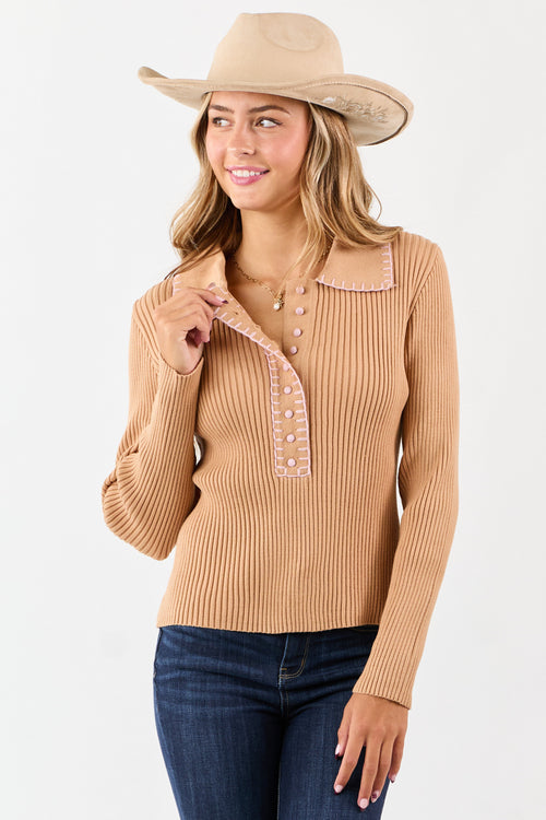 Brown Sugar Contrast Blanket Stitch Buttoned Sweater Top