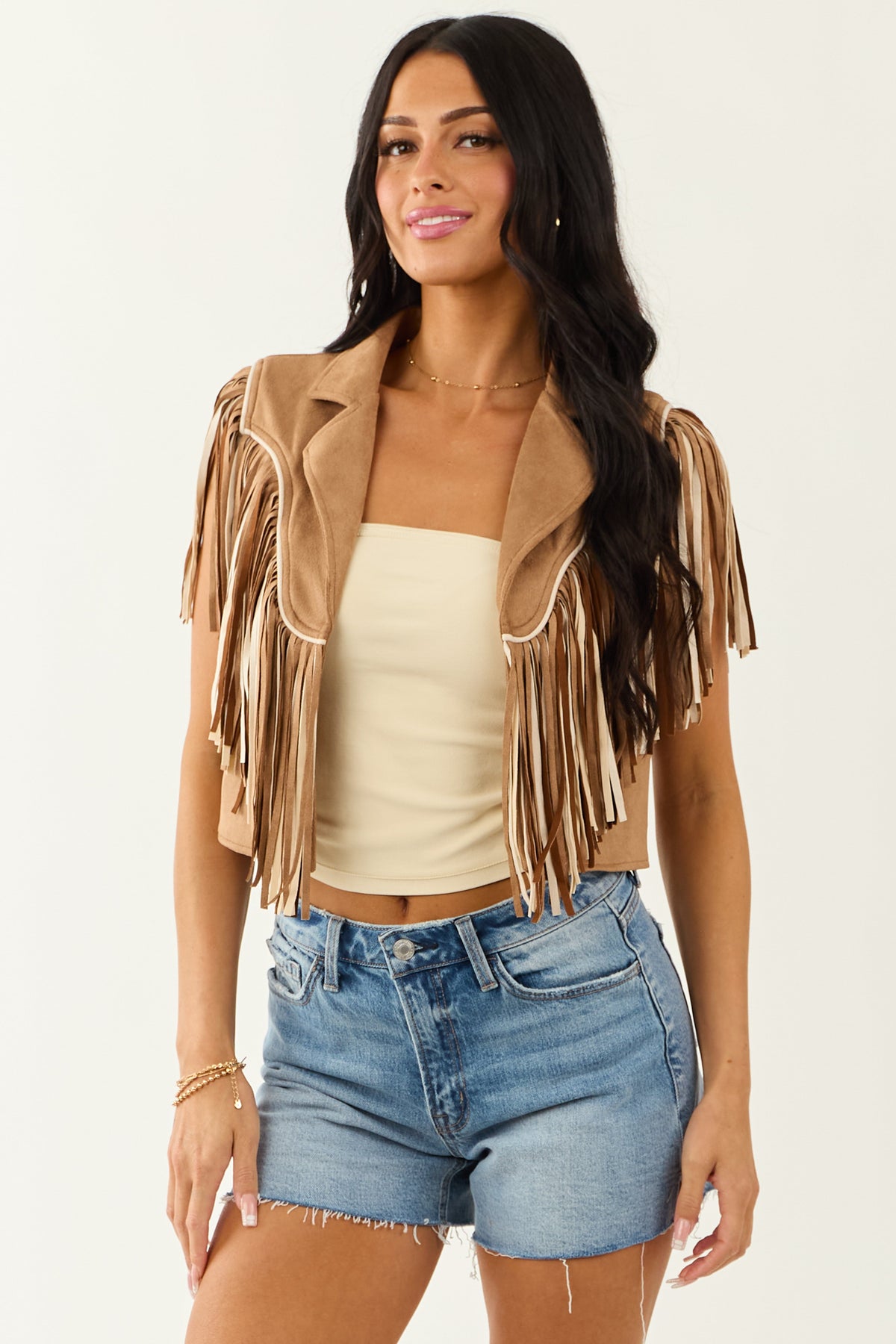 Brown Sugar Faux Suede Fringe Open Front Vest