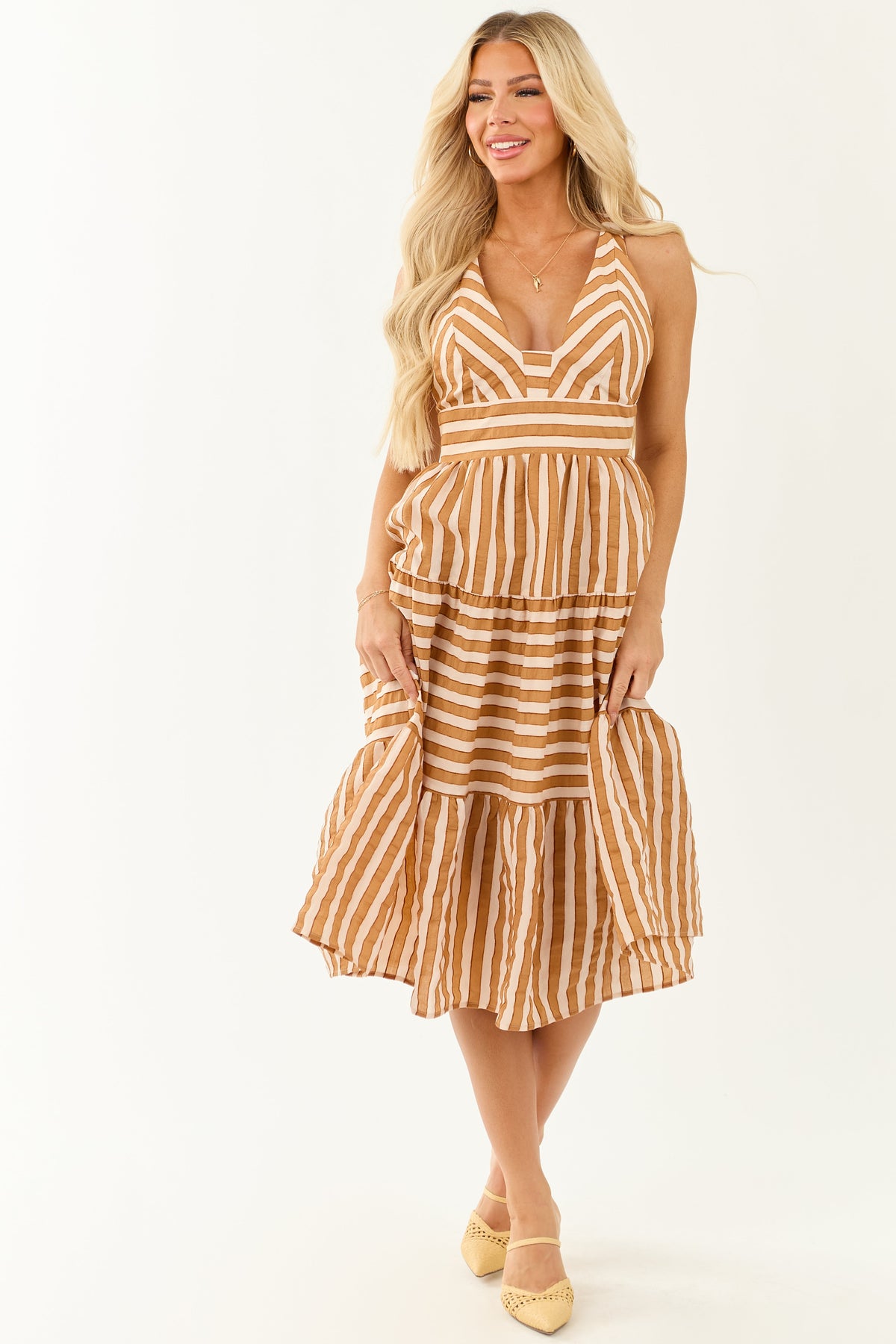 Brown Sugar Striped Sleeveless Midi Dress