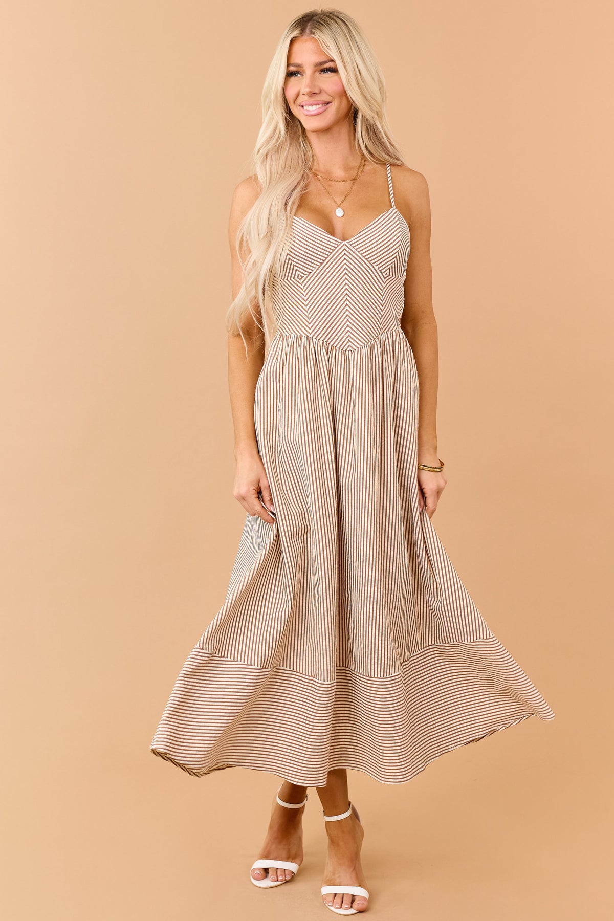 Brown Sugar Striped V-Neck Midi Sundress